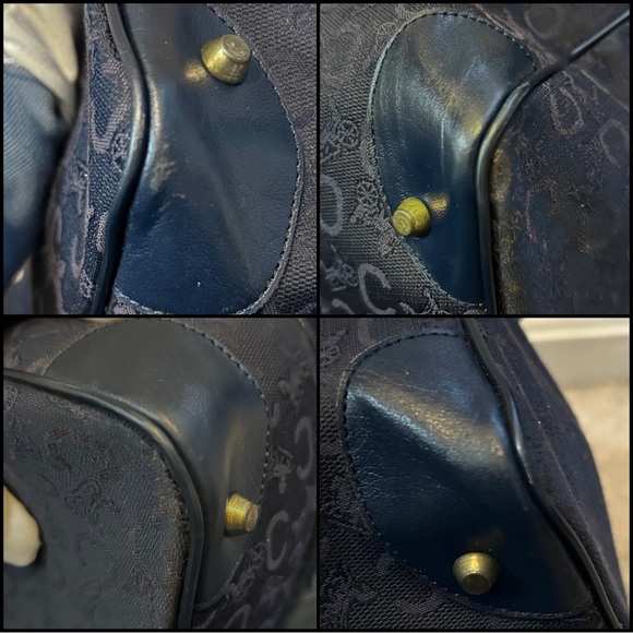 CELINE Authentic Vintage C Macadam Navy Blue Canvas Leather Trim Boston Bag Tote - Picture 15 of 17